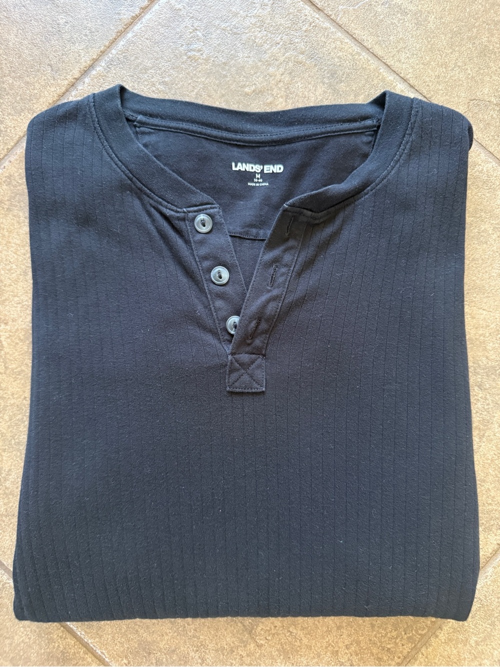 Like NEW - Lands' End Men's Black Ribbed Henley Long Sleeve